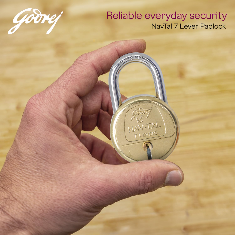 Godrej Locks | Navtal 7 Lever with 21mm Shut Height | 65mm | Heavy Duty Brass Lock with Hardened Steel Shackle | 2 Keys | for Main Doors, Gates, Shutters, Lockers and Warehouses | 1 Yr Warranty I 3290